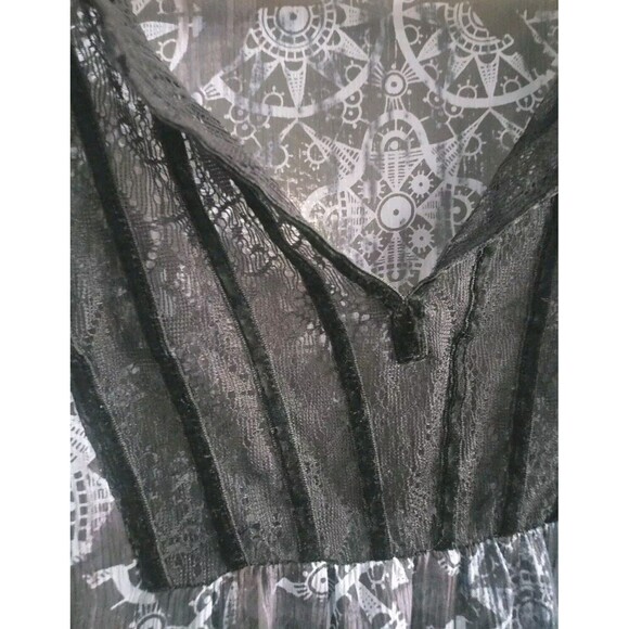 Sundace Silk Blouse  Blue Black Velvet Trim Bell Sleeve Semi-Sheer Women's 14 - Picture 4 of 8